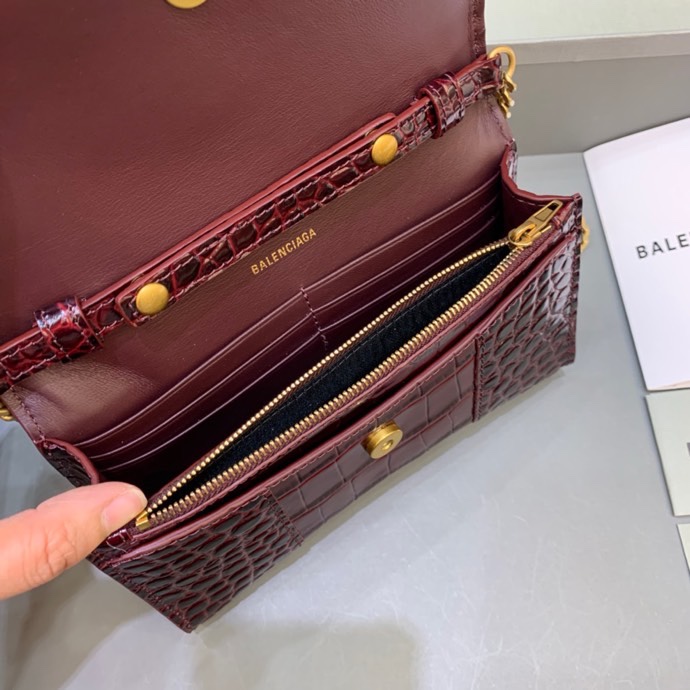 Balenciaga Small Hourglass Wallet With Chain Crocodile Embossed Shoulder Bag Claret